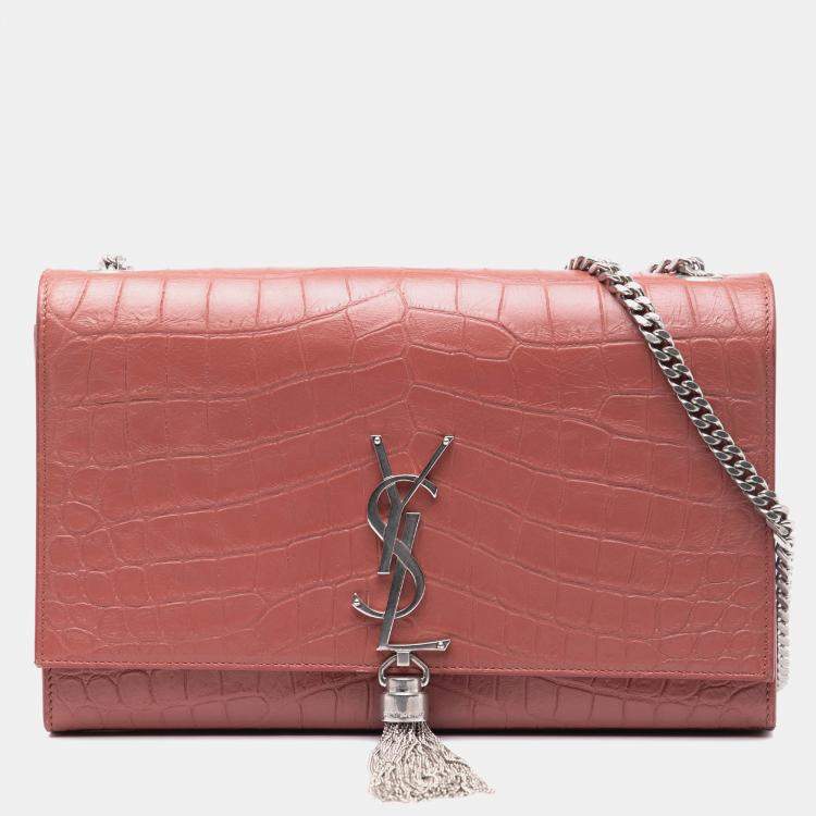 Pre Owned Saint Laurent Paris Pink Medium Croc Embossed Leather Kate Tassel Crossbody