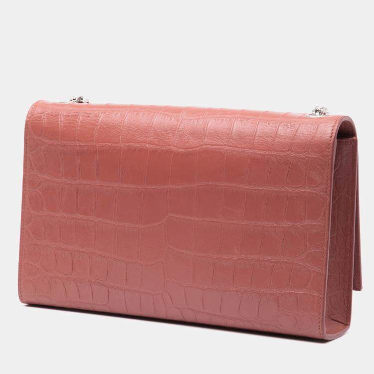Pre Owned Saint Laurent Paris Pink Medium Croc Embossed Leather Kate Tassel Crossbody