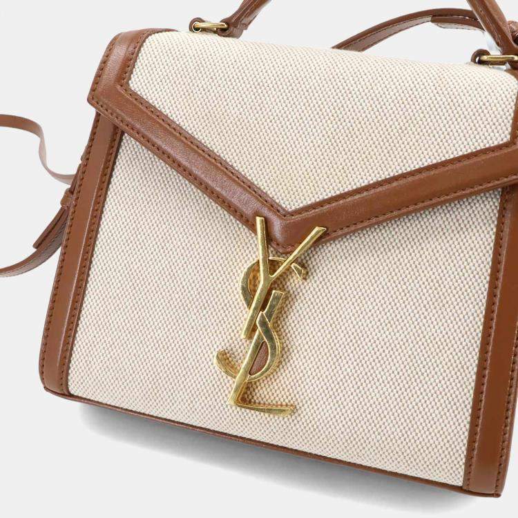Pre Owned حقيبة كتف سان لوران باريس كاساندرا صغيرة قماش جلد بني بيج