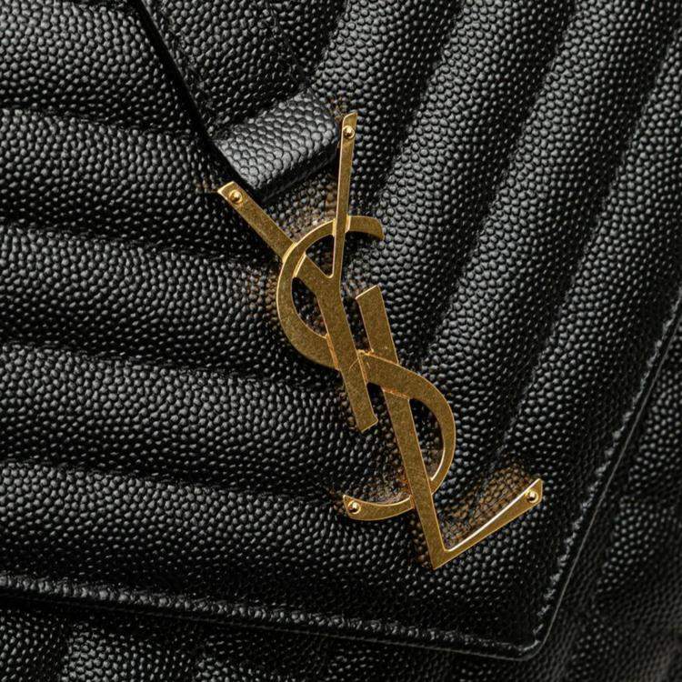 Pre Owned Saint Laurent Ysl Logo Envelope Medium Shoulder Bag In Black And Gold Leather