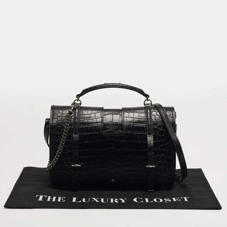 Pre Owned Saint Laurent Charlotte Black Croc Embossed Leather Messenger Bag