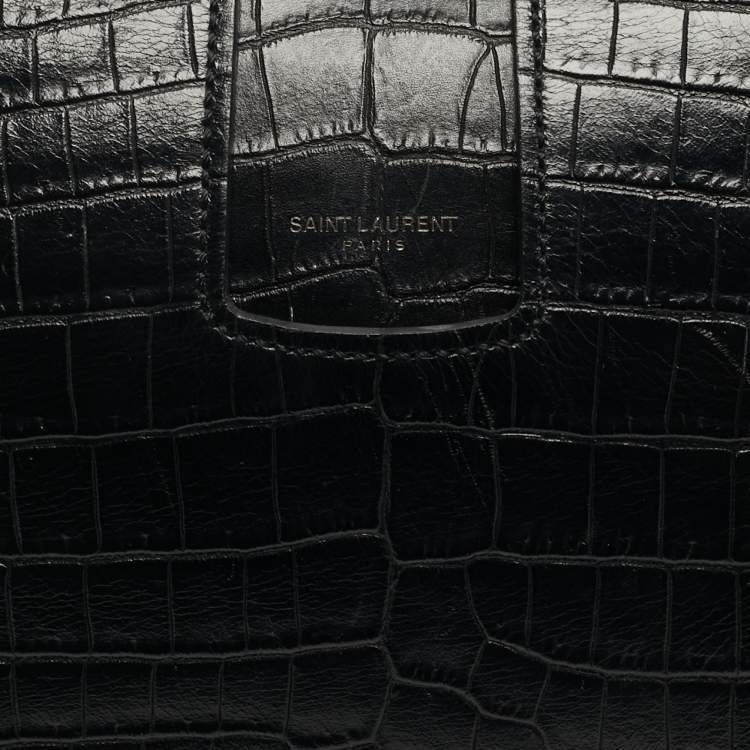 Pre Owned Saint Laurent Charlotte Black Croc Embossed Leather Messenger Bag