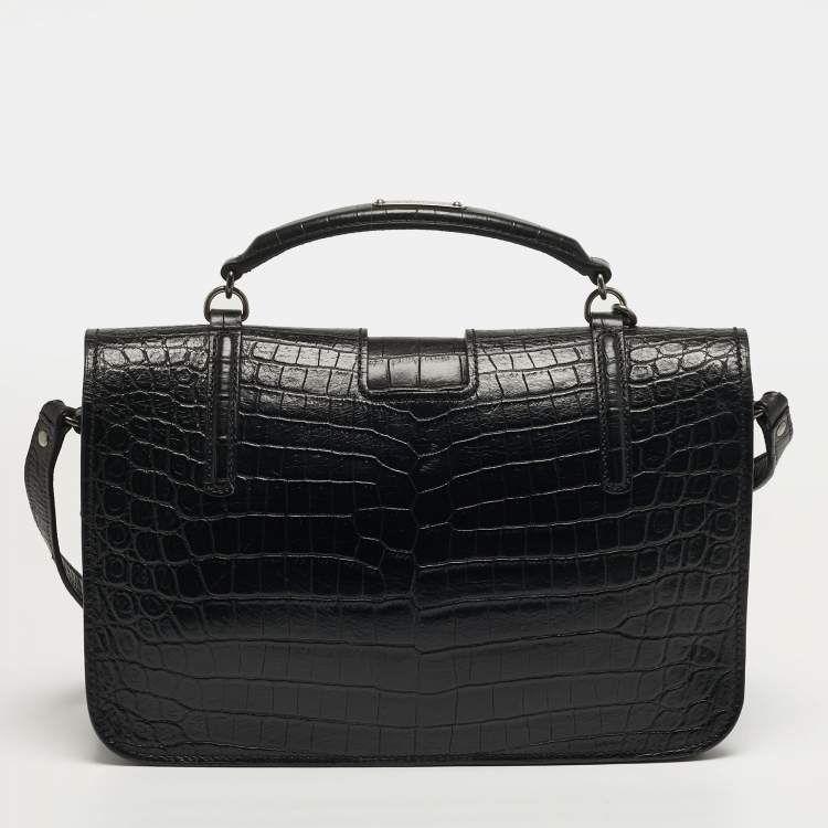 Pre Owned Saint Laurent Charlotte Black Croc Embossed Leather Messenger Bag