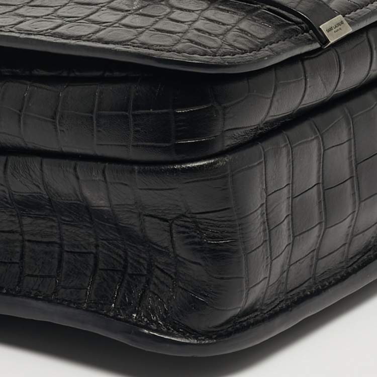 Pre Owned Saint Laurent Charlotte Black Croc Embossed Leather Messenger Bag