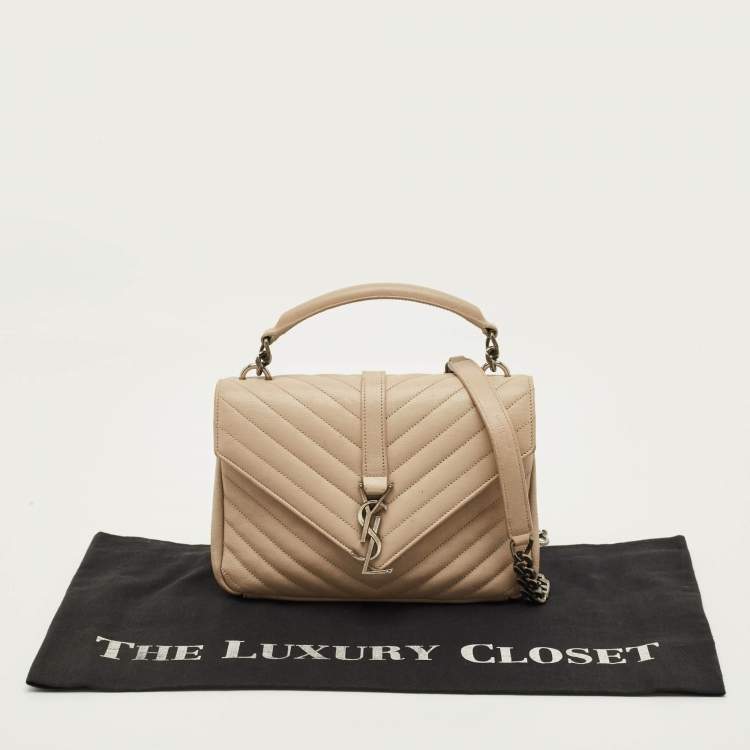 Pre Owned Saint Laurent College Medium Beige Matelassé Leather Top Handle Bag