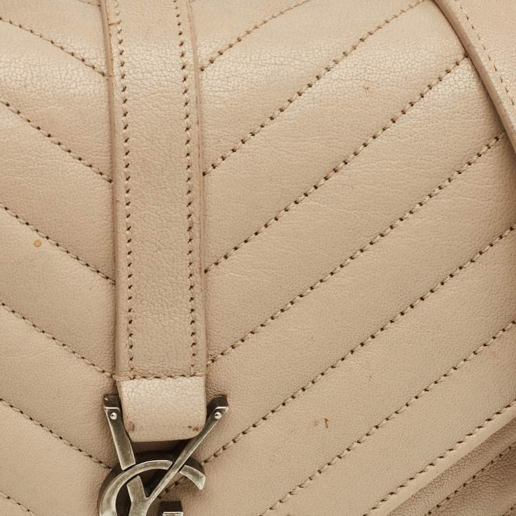 Pre Owned Saint Laurent College Medium Beige Matelassé Leather Top Handle Bag