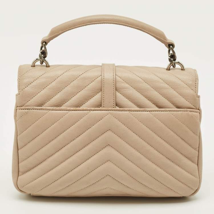 Pre Owned Saint Laurent College Medium Beige Matelassé Leather Top Handle Bag