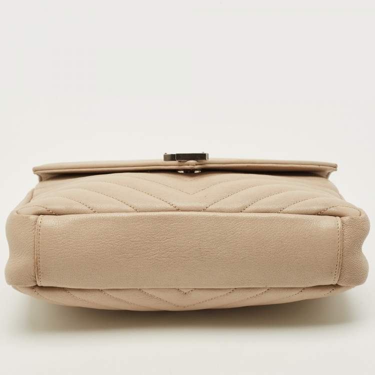 Pre Owned Saint Laurent College Medium Beige Matelassé Leather Top Handle Bag