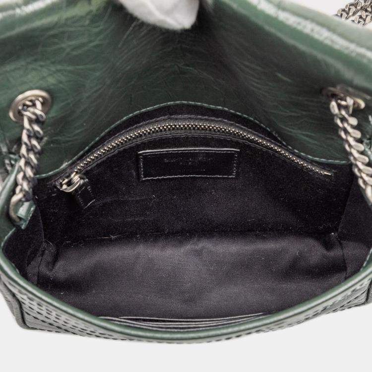 Pre Owned Saint Laurent Paris Green Crinkled Calfskin Niki Wallet on Chain