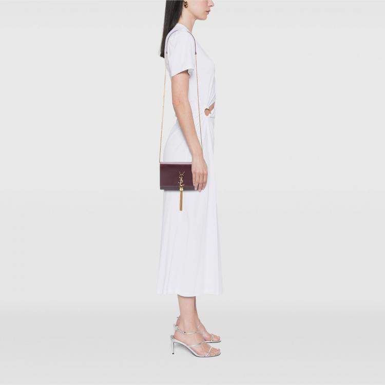 Pre Owned Saint Laurent Paris Red Smooth Calfskin Monogram Kate Tassel Wallet on Chain