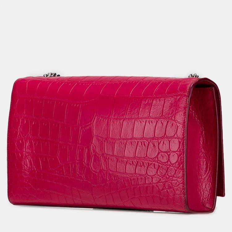 Pre Owned Saint Laurent Paris Pink Medium Croc Embossed Leather Kate Tassel Crossbody