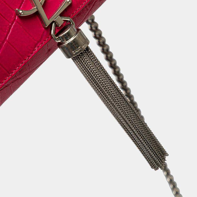 Pre Owned Saint Laurent Paris Pink Medium Croc Embossed Leather Kate Tassel Crossbody