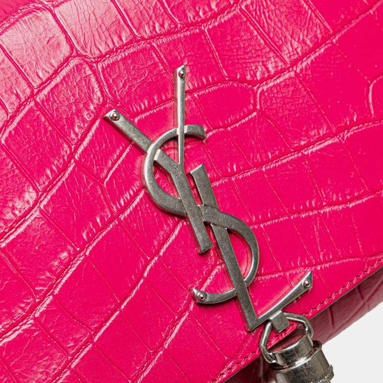 Pre Owned Saint Laurent Paris Pink Medium Croc Embossed Leather Kate Tassel Crossbody