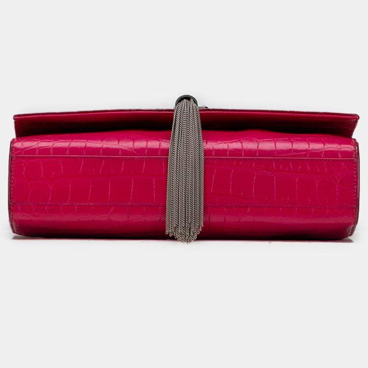 Pre Owned Saint Laurent Paris Pink Medium Croc Embossed Leather Kate Tassel Crossbody