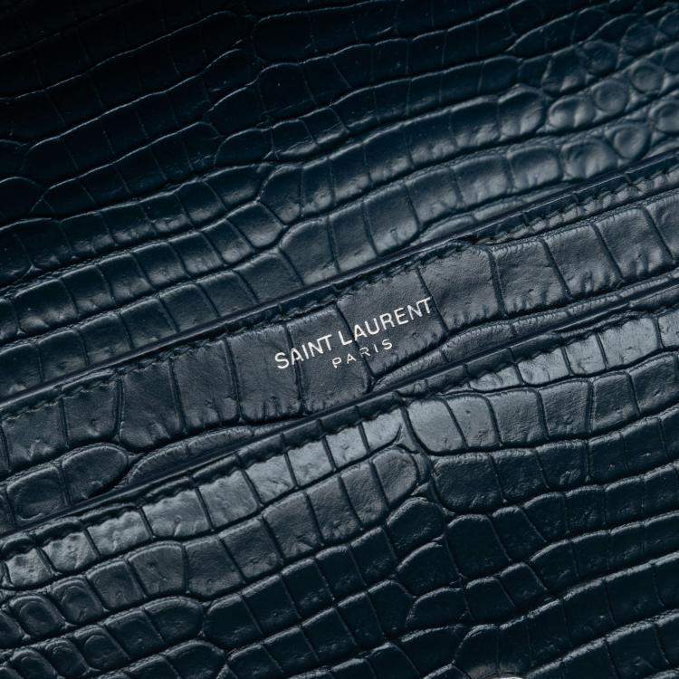 Pre Owned Saint Laurent Paris Blue Medium Croc Embossed Calfskin Sunset Flap Crossbody