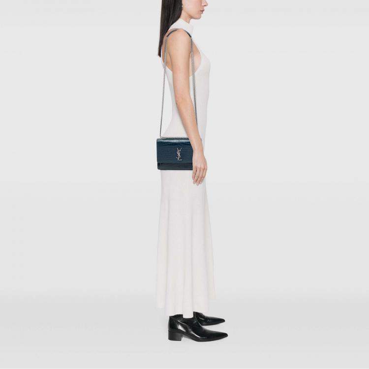 Pre Owned Saint Laurent Paris Blue Medium Croc Embossed Calfskin Sunset Flap Crossbody
