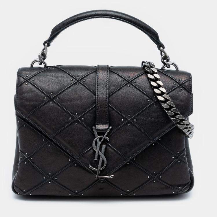 Pre Owned Saint Laurent Paris Black Medium Quilted Diamond Iridescent Calfskin Monogram Studded College Satchel
