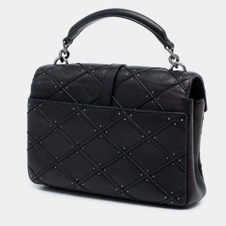 Pre Owned Saint Laurent Paris Black Medium Quilted Diamond Iridescent Calfskin Monogram Studded College Satchel