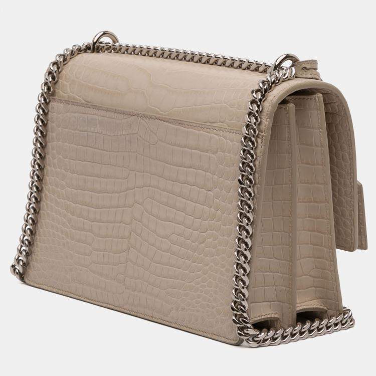 Pre Owned Saint Laurent Paris Brown Medium Croc Embossed Monogram Sunset Bag