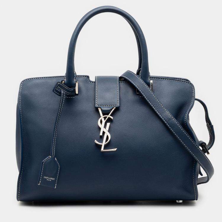 Pre Owned Saint Laurent Paris Blue Baby Leather Monogram Downtown Cabas Satchel