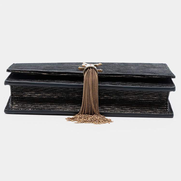 Pre Owned Saint Laurent Paris Black Gold Suede Monogram Kate Tassel Wallet on Chain