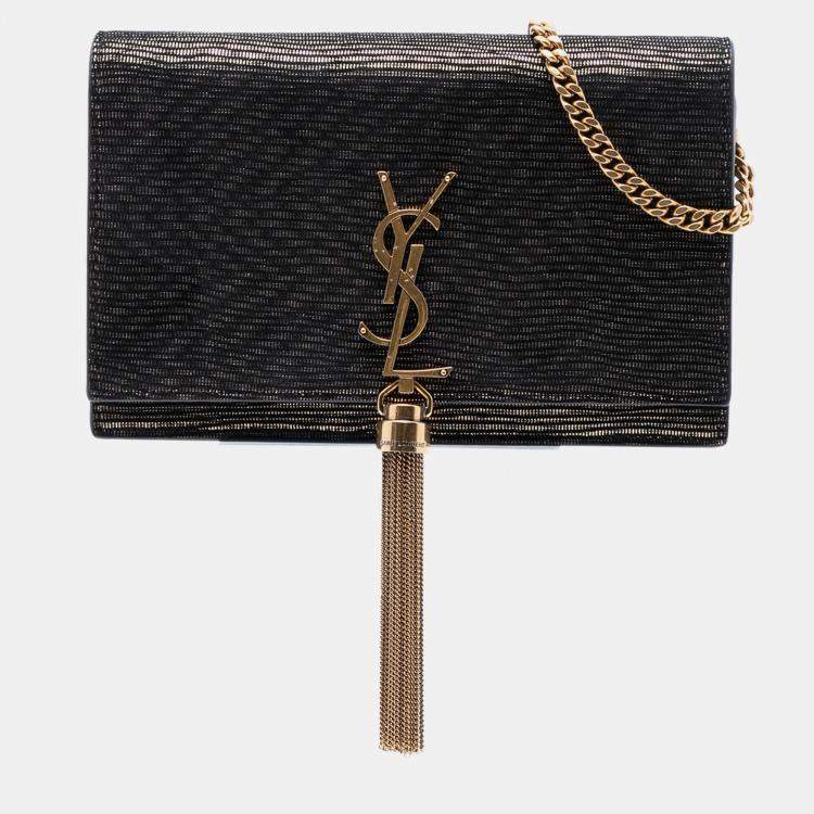 Pre Owned Saint Laurent Paris Black Gold Suede Monogram Kate Tassel Wallet on Chain