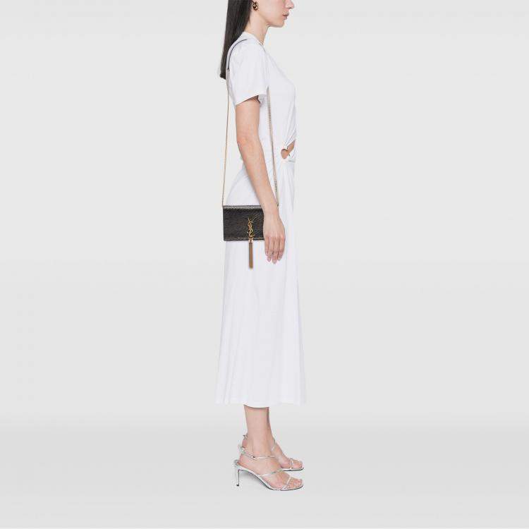 Pre Owned Saint Laurent Paris Black Gold Suede Monogram Kate Tassel Wallet on Chain