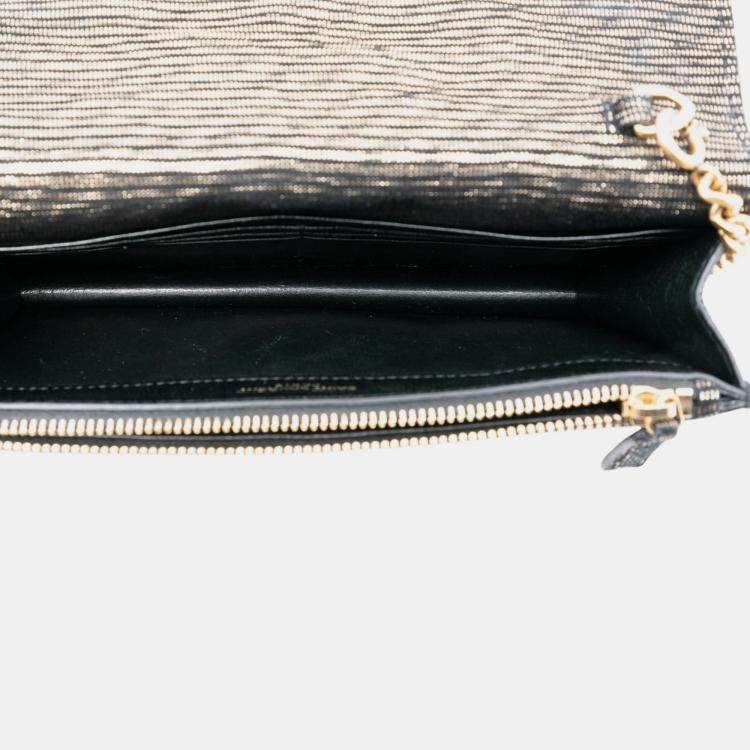 Pre Owned Saint Laurent Paris Black Gold Suede Monogram Kate Tassel Wallet on Chain