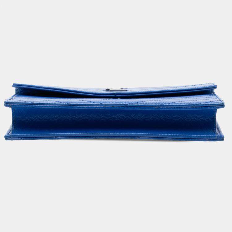 Pre Owned Saint Laurent Paris Blue Grain De Poudre Chevron Monogram Envelope Chain Wallet