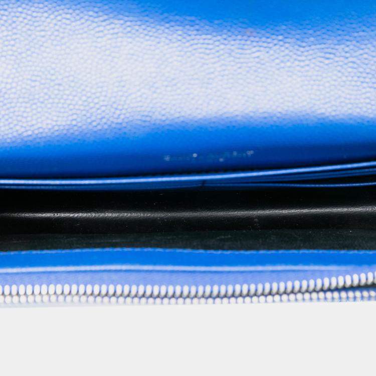 Pre Owned Saint Laurent Paris Blue Grain De Poudre Chevron Monogram Envelope Chain Wallet
