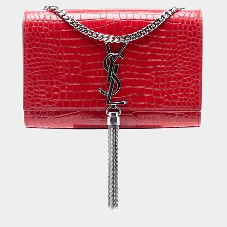 Pre Owned Saint Laurent Paris Red Small Embossed Leather Kate Tassel Crossbody