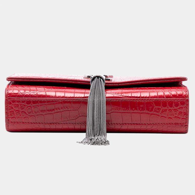 Pre Owned Saint Laurent Paris Red Small Embossed Leather Kate Tassel Crossbody