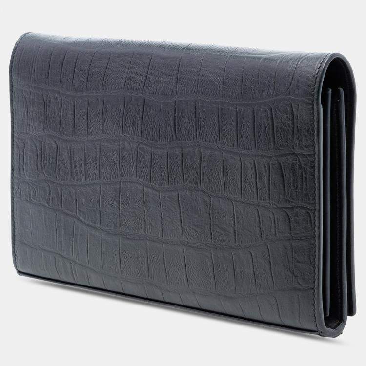 Pre Owned Saint Laurent Paris Black Croc Embossed Leather Wallet On Chain