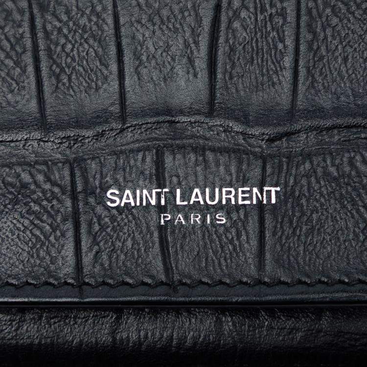 Pre Owned Saint Laurent Paris Black Croc Embossed Leather Wallet On Chain