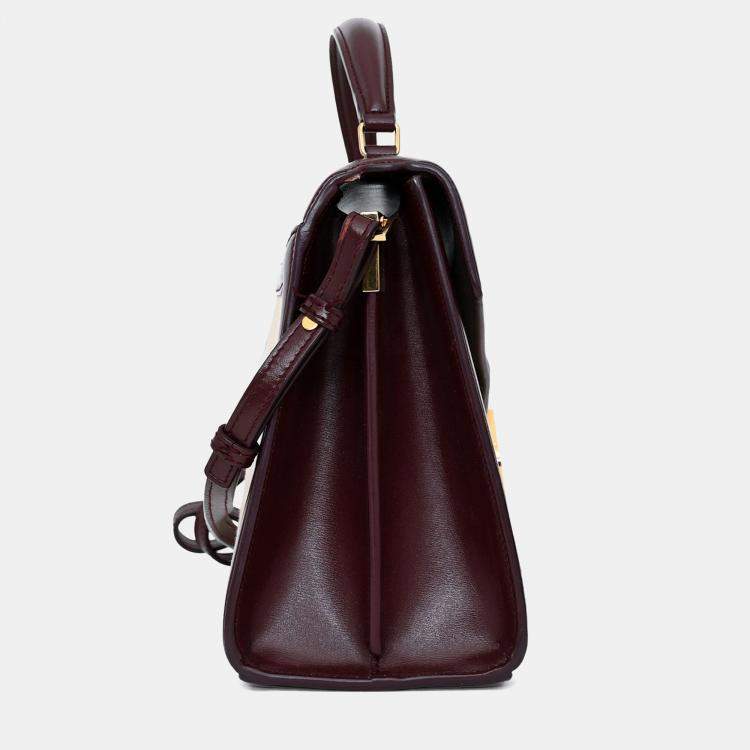 Pre Owned Saint Laurent 2020 Cream/Burgundy Canvas Leather-Trimmed Medium Cassandra Top Handle