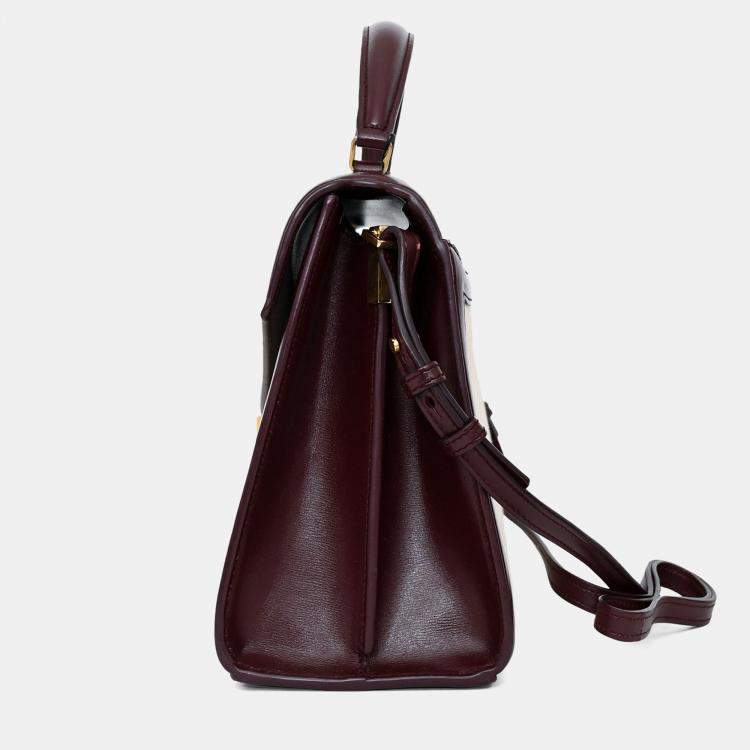 Pre Owned Saint Laurent 2020 Cream/Burgundy Canvas Leather-Trimmed Medium Cassandra Top Handle