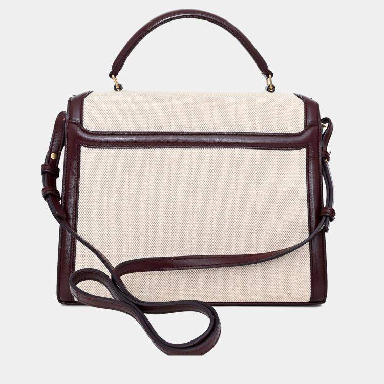 Pre Owned Saint Laurent 2020 Cream/Burgundy Canvas Leather-Trimmed Medium Cassandra Top Handle