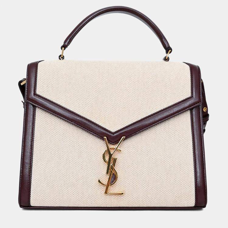 Pre Owned Saint Laurent 2020 Cream/Burgundy Canvas Leather-Trimmed Medium Cassandra Top Handle