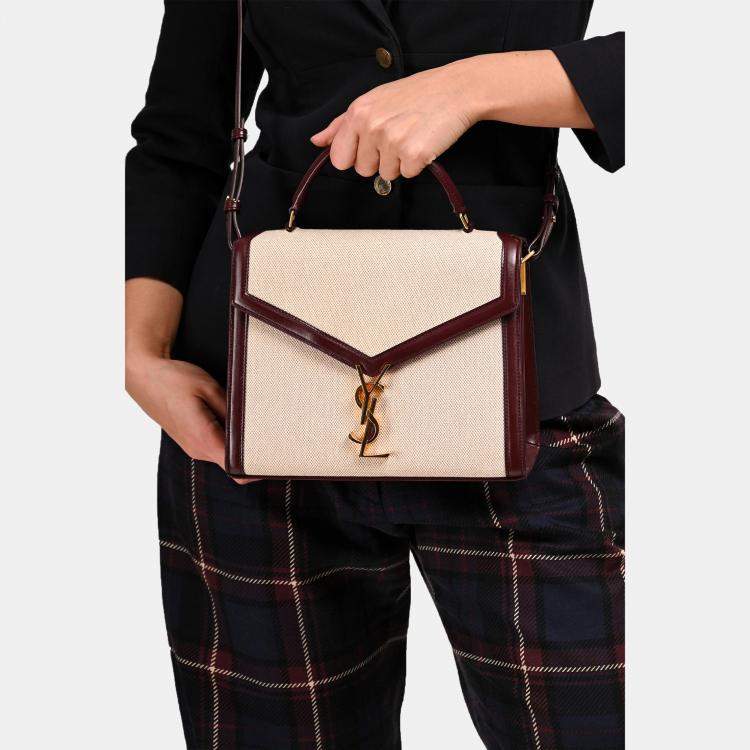Pre Owned Saint Laurent 2020 Cream/Burgundy Canvas Leather-Trimmed Medium Cassandra Top Handle