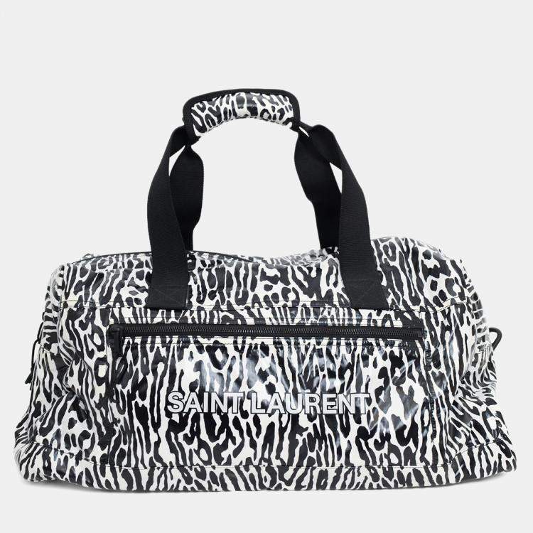 Pre Owned Saint Laurent Black/White Zebra Logo Printed Duffle Bag