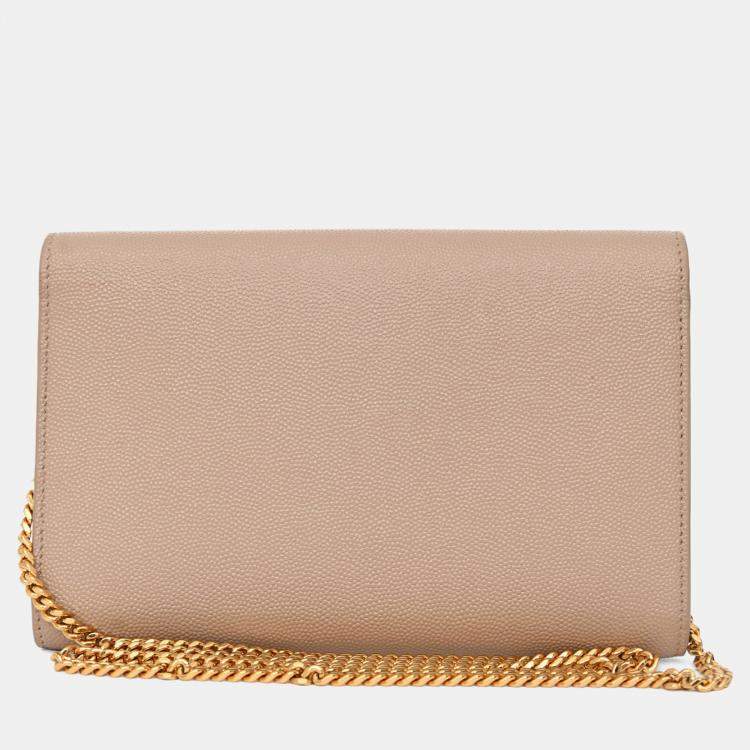 Pre Owned Saint Laurent 2021 Beige Grain De Poudre Leather Uptown Chain Wallet