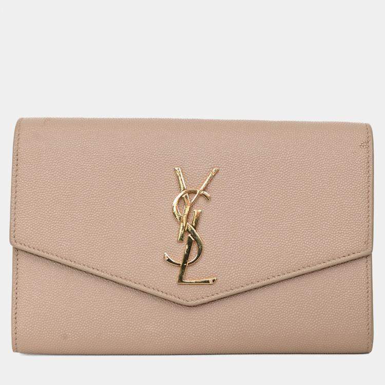 Pre Owned Saint Laurent 2021 Beige Grain De Poudre Leather Uptown Chain Wallet