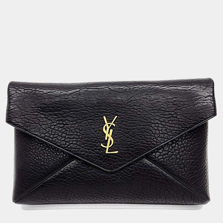 Pre Owned Saint Laurent Paris Black Leather Cassandra Envelope Clutch Large