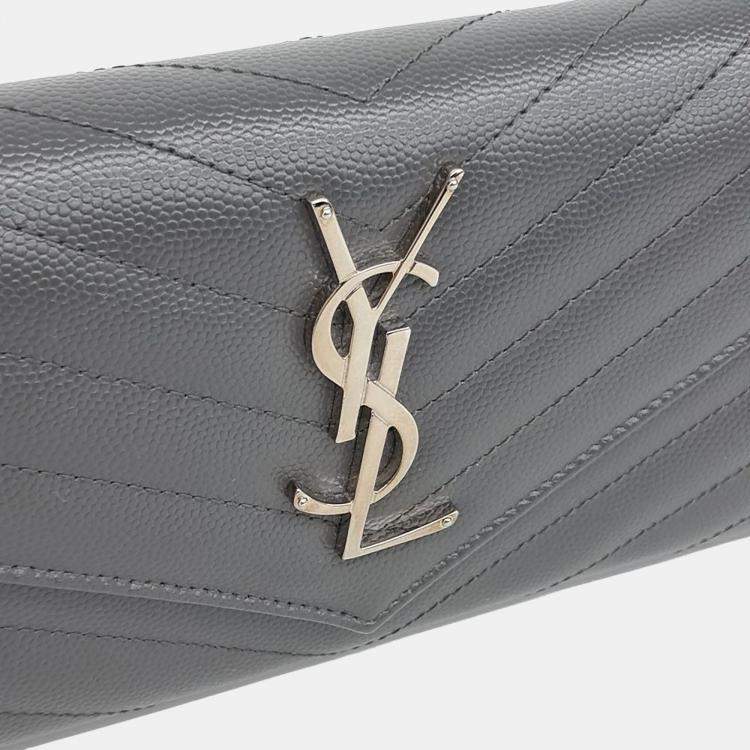 Pre Owned Saint Laurent Paris Grey Leather Cassandra Flap Long Wallet And Clutch