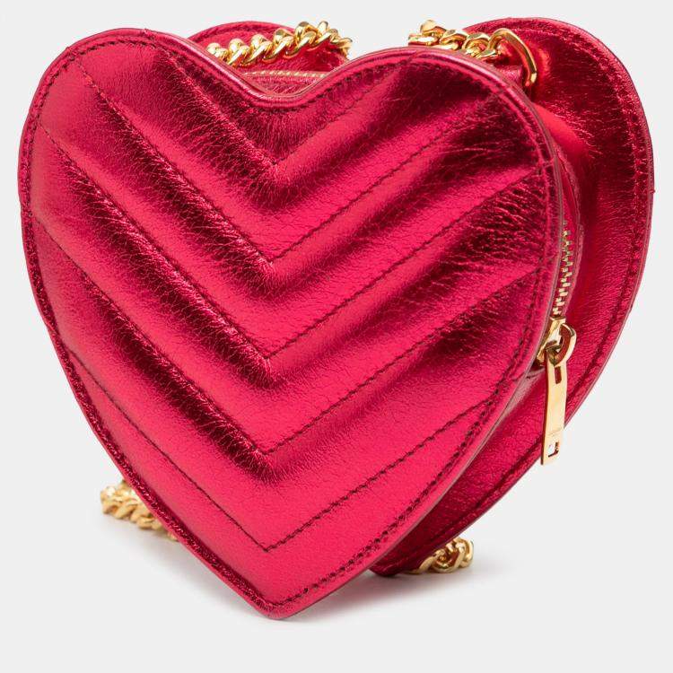 مملوكة مسبقًا Saint Laurent Paris Pink Mini Metallic Leather Chevron Monogram Love Heart Chain Bag