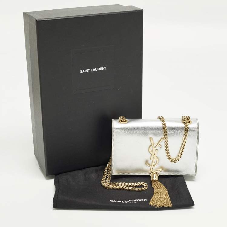 Pre Owned Saint Laurent Kate Small Silver Leather Shoulder Bag