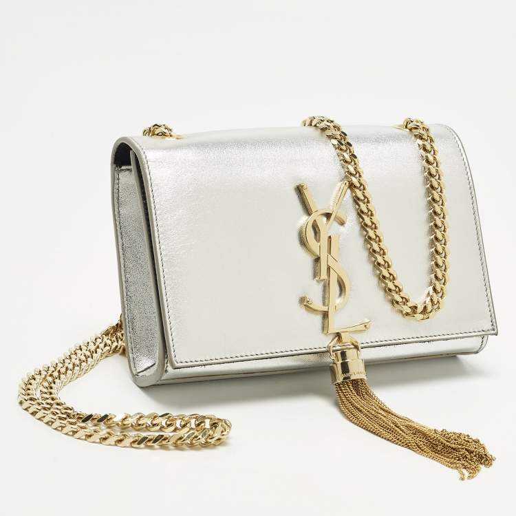 Pre Owned Saint Laurent Kate Small Silver Leather Shoulder Bag