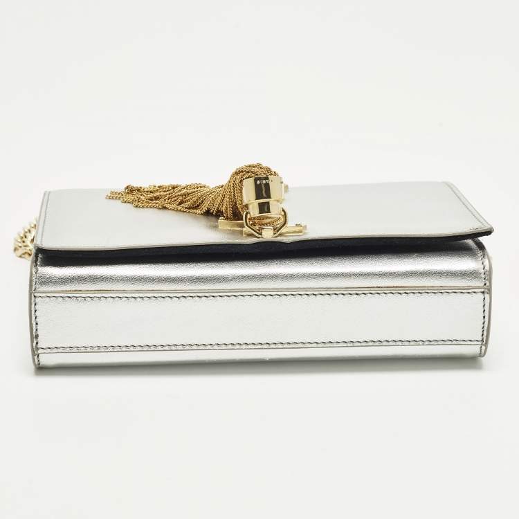 Pre Owned Saint Laurent Kate Small Silver Leather Shoulder Bag