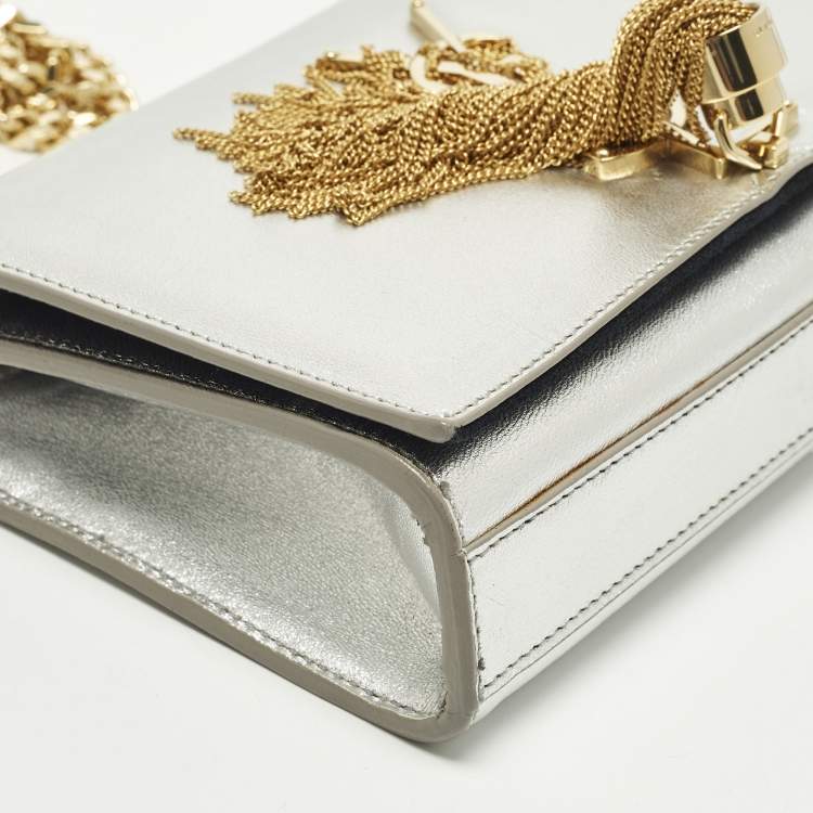 Pre Owned Saint Laurent Kate Small Silver Leather Shoulder Bag