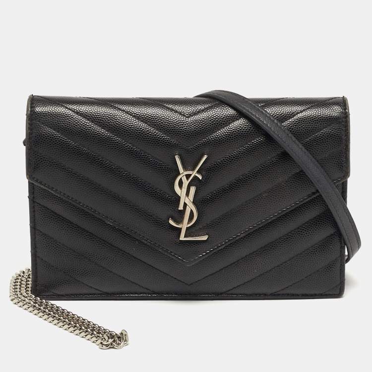 Pre Owned Saint Laurent Envelope Black Matelassé Leather Wallet on Chain
